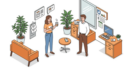 Poster - Office workspace conversation vector illustration in isometric style for design and decor