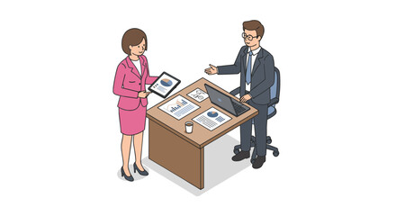 Poster - Business meeting vector illustration - isometric style for office design, presentation, and collaboration concepts