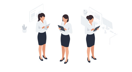 Poster - Isometric businesswomen in office setting vector illustration for design projects and presentations