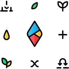 Poster - Abstract geometric shape, surrounded by vector icons, symbolizes growth and connection on white background with copy space.