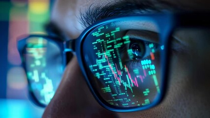Fototapete - A man is looking at a computer screen with a green screen. The man is wearing glasses. Concept of focus and concentration as the man looks at the computer screen