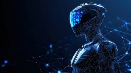 Poster - Futuristic Cybernetic Robot Portrait with Neon Wireframe Design