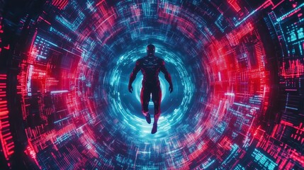 Poster - Futuristic Portal with Silhouette of a Human in an Abstract Space