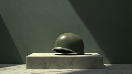 Poster - Realistic Military Helmet on Marble Base with Dramatic Lighting
