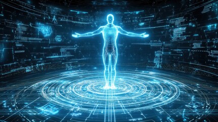 Fototapete - Human Silhouette in Digital Space with Glowing Data Visualizations