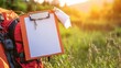 © NashEmpire - Outdoor Adventure Backpack with Blank Clipboard and Sunlit Background