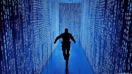 Fototapete - Person Running Through a Digital Data Tunnel in Blue Light