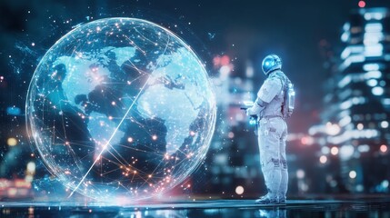 Poster - Astronaut Observing Futuristic Global Connections in Cityscape