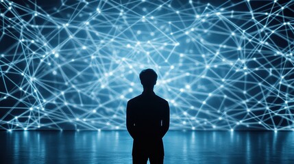 Fototapete - Silhouette of a Person Against a Digital Network Visualization