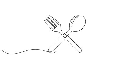 Poster - Self drawing animation of one continuous line plate, knife and fork. 4K video animation, One line drawing animation of a plate accompanied by a knife and fork. Elegant Simplicity in Dining Concept.
