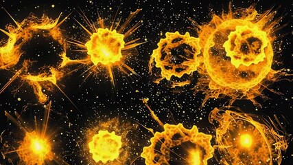 Poster - A series of yellow explosions in space. The explosions are in different sizes and shapes, with some appearing to be smaller and others larger. Scene is one of excitement and energy