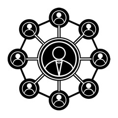 Aufkleber - Stylized black and white icon representing a central figure connected to a network of other individuals in a circular formation