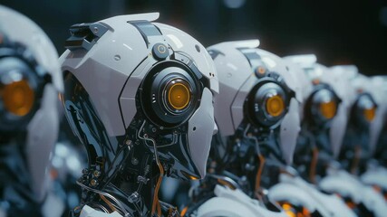 Aufkleber - A group of robots with yellow eyes and orange ears are lined up. The robots are all white and have headphones on their heads. The scene gives off a futuristic and robotic vibe