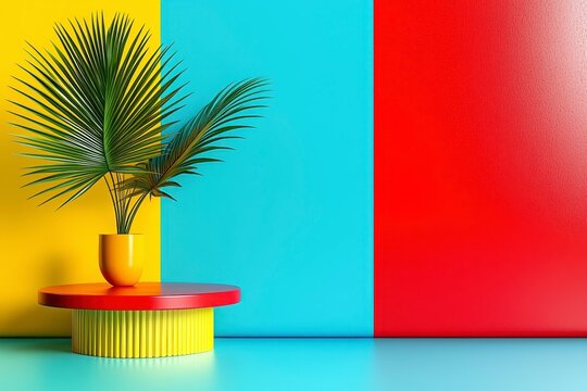 Vibrant Tropical Plant on Circular Table Against Bright Yellow, Light Blue and Red Walls