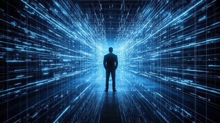 Poster - Businessman Silhouette in Digital Data Stream with Light Rays