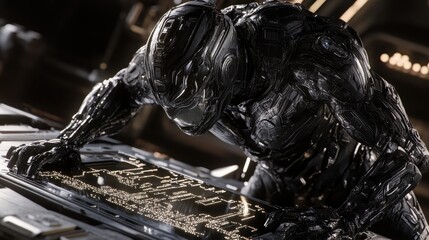 Poster - Futuristic Robot Analyzing Data in a High-Tech Sci-Fi Environment