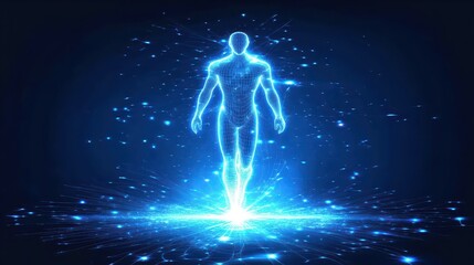 Fototapete - Futuristic Human Figure Surrounded by Glowing Energy Particles