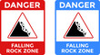© Sultana Design - Danger Falling Rock Zone Sign. Danger Sign. Warning road sign falling stones. Yellow triangle signs. Road sign Caution landslide
