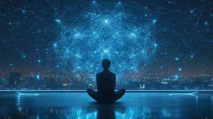 Poster - Person Meditating Against a Futuristic Network Cityscape Background