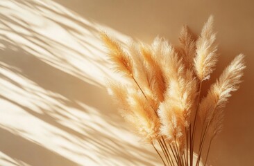 Poster - A minimalist arrangement of pampas grass casting delicate shadows on a beige wall, illuminated by warm natural sunlight.