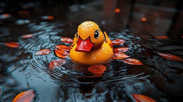Yellow Rubber Duck in Autumn Rain Pixel Art Digital Rendering
