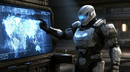 Poster - Futuristic Robot Displaying Digital World Map with Interactive Interface