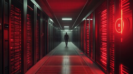 Poster - Dark Corridor with Server Racks and Red Lights in Data Center