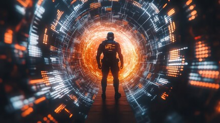 Poster - Futuristic Space Traveler in Digital Warp Tunnel of Light and Energy