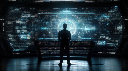 Poster - Futuristic Control Room with Silhouette of Person and Digital Screen