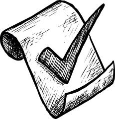 Poster - Hand-drawn checkmark on a curled paper scroll, sketch style illustration