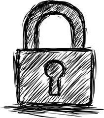 Poster - Hand-drawn sketch of a padlock with abstract lines in black and white