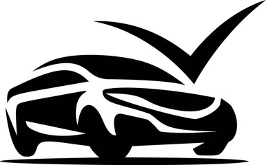 Poster - Black and white stylized car with checkmark symbol, concept of approval