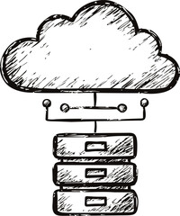 Poster - Black and white sketch of cloud computing with servers and connectivity