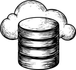 Poster - Cloud storage and database sketched in black and white concept illustration