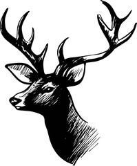 Poster - Black and white sketch of a deer with large antlers in profile view