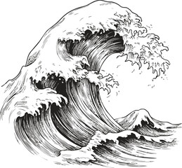 Poster - Intricate black and white illustration of a large ocean wave