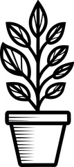 Poster - Black and white outline of a potted plant with leaves illustration