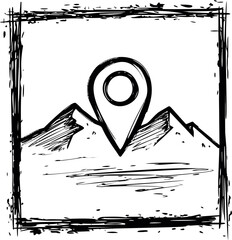 Poster - Location pin with mountains sketched in black, abstract art