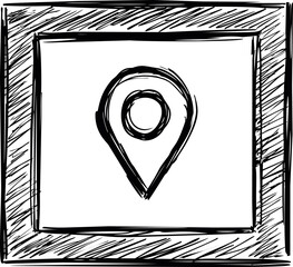 Poster - Sketched black and white map pin icon in a square with a scribbled border