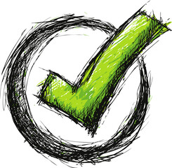 Poster - Sketchy green check mark with black circle in rough artistic style