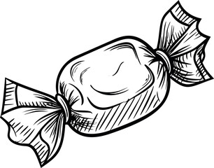Poster - Black and white sketch of a wrapped candy with detailed lines, line art drawing