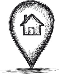 Poster - Black and white sketch of a house inside a map pin, concept of location