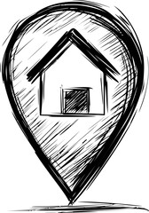 Poster - Sketched house within location marker with bold black lines, illustration