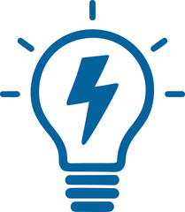 Poster - Blue icon of a light bulb with a lightning bolt and rays of light, vector concept