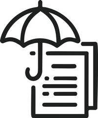 Poster - Black line icon of insurance document under an umbrella symbolizing protection