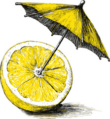 Poster - Illustration of a halved lemon with yellow parasol in a sketch style