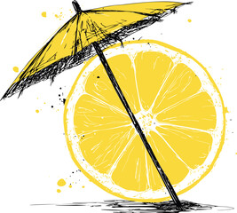 Poster - Yellow parasol sketch leaning on vibrant lemon slice with ink splashes