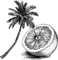 Wall Mural - vintage black and white drawing of palm tree with sliced grapefruit, artistic sketch