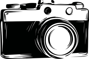 Poster - Black and white sketch of a vintage camera with detailed lens and buttons