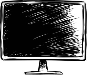 Fototapete - Hand-drawn sketch of a blank computer monitor with black shading and white outline